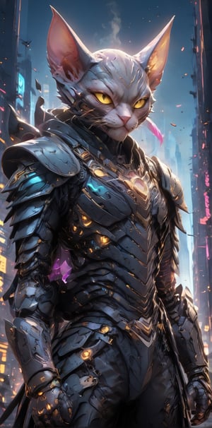 Behold a high-resolution gigapixel artwork that portrays a sleek and sinister Sphynx cat villain, straight out of a comic book. Adorned in a detailed suit and leather armor, the cat sports a dark mask obscuring its eyes. Its piercing yellow eyes shine with a mischievous light, and in its paws, it grips a dangerous, curved blade. The backdrop is a dystopian cityscape, with high-rising buildings bathed in neon lights that soar into the sky. Crafted with Unreal Engine, Octane, and NVIDIA Ray Tracing technology, the image offers a deeply immersive, cinematic experience with vibrant colors and profound depth. This artwork instills a feeling of peril and fascination, inviting the viewer into the ominous realm of the Sphynx cat villain.