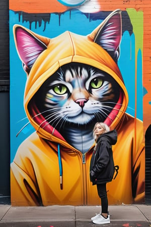 A stunning, professionally painted street art piece featuring a hoodie-wearing cat character exuding vibrant and edgy style. The cat stands confidently in front of a dynamic, eye-catching graffiti mural filled with bold and colorful designs. The overall composition is full of energy, with the cat's striking features and the intricate urban backdrop perfectly blending to create a captivating scene. The artwork is signed "Love❤️,FOA" in the corner, adding a personal touch to the masterpiece.