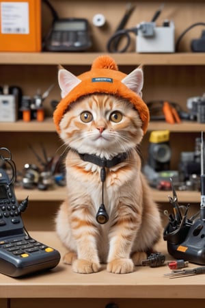 A whimsical image of a captivatingly cute light-colored cat with large eyes, donning a cozy brown bear hat. It stands on a cluttered workbench at the quirky phone repair service center, 'Iremont'. The small feline, emanating an air of curiosity, is surrounded by an assortment of tools such as screwdrivers, tweezers, and various phone components. The technician working diligently on a phone smiles warmly towards the inquisitive cat. The service center's unique black and orange decor is highlighted by shelves filled with an array of phones and spare parts. The word 'Iremont' is prominently displayed, completing the vibrant scene., photo