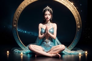 top quality,masterpiece:1.2,Detailed details,She is wearing a girl with a glittery complex transparent colored dress,dress,Beautiful young goddess,A gentle smile,She clasped her hands together,Prayer and meditation,Sitting on the lotus,Twinkling stars in the blue night sky,In a fantastic atmosphere,Feeling as if you are one with the universe,Practical,Neon,(Liquid light background),(Ultra HD, masterpiece, precise, Anatomically correct, textured skin, Super Detail, High Detail, The award-winning, best quality, 8k)