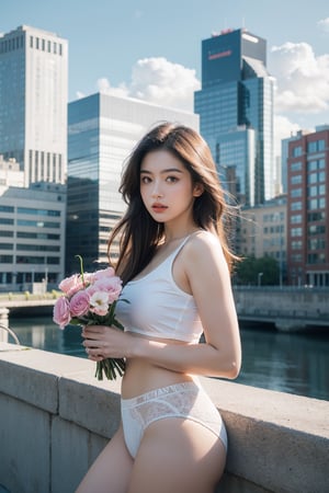 1girl,3D,Underwear,(city, Buildings, flowers, Blue sky, white clouds, Buildings),looking at viewer,photorealistic,realistic,Light fingers,