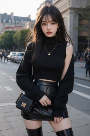 background is street,the Arc de Triomphe,triumphal arch,Paris,
18 yo, 1 girl, beautiful korean girl,
wearing tight black sweater(turtle neck,simple),tight leather short skirt,black long boots,shoulder bag, smile, solo, {beautiful and detailed eyes}, dark eyes, calm expression, delicate facial features, ((model pose)), Glamor body type, (dark hair:1.2), simple tiny earrings, simple tiny necklace,very_long_hair, hair past hip, bangs, curly hair, flim grain, realhands, masterpiece, Best Quality, 16k, photorealistic, ultra-detailed, finely detailed, high resolution, perfect dynamic composition, beautiful detailed eyes, eye smile, ((nervous and embarrassed)), sharp-focus, full_body, cowboy_shot,