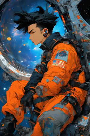 cyberpunk a handsome young man in space, actual 2020's, orange, black, blue, science fiction, rockpunk, Tatsuki Fujimoto, James Jean,  Gege Akutami.