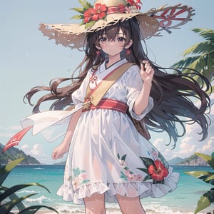 background is beach,sand,tropical forest,
20 yo, 1 girl, beautiful korean girl,standing,
wearing white simple summer dress(red flower pattern,strap),cloth flowing by wind, hold women hat with hands,smile, solo, {beautiful and detailed eyes}, dark eyes, calm expression, delicate facial features, ((model pose)), Glamor body type, (dark hair:1.2), simple tiny earrings, flim grain, realhands, masterpiece, Best Quality, 16k, photorealistic, ultra-detailed, finely detailed, high resolution, perfect dynamic composition, beautiful detailed eyes, eye smile, ((nervous and embarrassed)), sharp-focus, full_body, cowboy_shot,HXARMOUR,dal