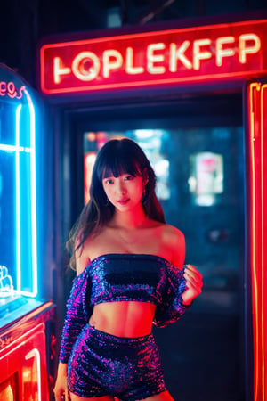 A sultry beauty with luscious brown hair and straight bangs stands out against a kaleidoscope of vibrant neon lights. She wears the Kakaco Sequins Tube Top, its sequins catching the soft glow of the blue and red lights surrounding her. The blurred neon signs in the background create a dynamic urban setting. Her dreamy expression is illuminated by the subtle neon light, which adds a touch of mystery to her calm demeanor. The shallow depth of field focuses on her radiant face, while the reflections of the neon lights add layers of depth and visual interest. This stunning image blends urban energy with serene beauty, making it a perfect magazine cover.