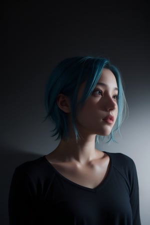 teenage girl, blue hair, dark background, dramatic light