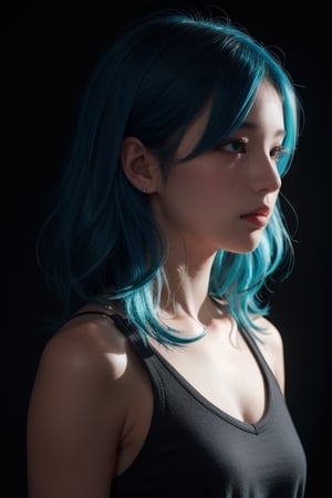 teenage girl, blue hair, dark background, dramatic light