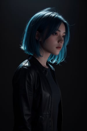 teenage girl, blue hair, dark background, dramatic light