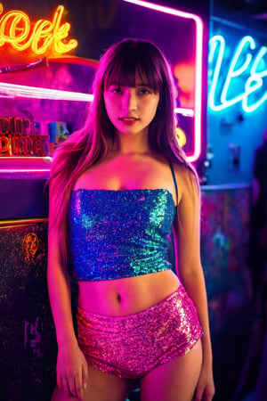 A sultry beauty with luscious brown hair and straight bangs stands out against a kaleidoscope of vibrant neon lights. She wears the Kakaco Sequins Tube Top, its sequins catching the soft glow of the blue and red lights surrounding her. The blurred neon signs in the background create a dynamic urban setting. Her dreamy expression is illuminated by the subtle neon light, which adds a touch of mystery to her calm demeanor. The shallow depth of field focuses on her radiant face, while the reflections of the neon lights add layers of depth and visual interest. This stunning image blends urban energy with serene beauty, making it a perfect magazine cover.