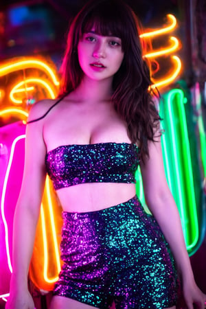 A sultry beauty with luscious brown hair and straight bangs stands out against a kaleidoscope of vibrant neon lights. She wears the Kakaco Sequins Tube Top, its sequins catching the soft glow of the blue and red lights surrounding her. The blurred neon signs in the background create a dynamic urban setting. Her dreamy expression is illuminated by the subtle neon light, which adds a touch of mystery to her calm demeanor. The shallow depth of field focuses on her radiant face, while the reflections of the neon lights add layers of depth and visual interest. This stunning image blends urban energy with serene beauty, making it a perfect magazine cover.