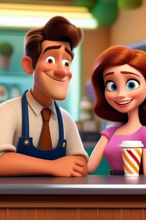 masterpiece, best quality, a man in front f a counter. He should have a large, goofy smile.  His hair is  brown and tousled. A counter is in front of the woman cashier and she hands a coffee to him over the counter.. She is also smiling. 3d animation, Disney pixar style