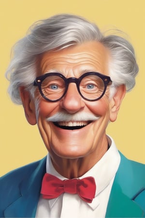 masterpiece, best quality, an older man with a whimsical and silly appearance. He should have a large, goofy smile that shows all his white teeth,  showing his playful and jovial personality. His hair is tousled, and he wears round, oversized glasses that magnify his twinkling eyes. Dress him in a colorful bow tie, to enhance his quirky charm.