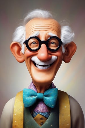 masterpiece, best quality, portrait, an older man with a whimsical and silly appearance. He should have a large, goofy smile and he is showing off all his white teeth. His hair is  brown and tousled, and he wears round, oversized glasses that magnify his twinkling eyes. Dress him in a colorful bow tie, to enhance his quirky charm.