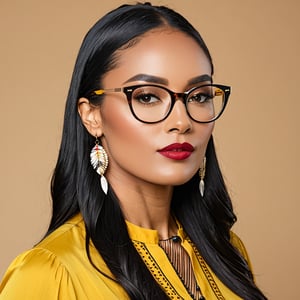 A 40 year old half Native American, half Black woman, wearing large cat-eye glasses, has a long nose, black hair, and wearing a yellow blouse