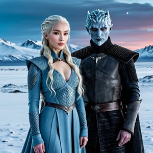Daenerys Targaryen and the Night King stand together amidst a snow-covered Patagonian landscape, bathed in the soft glow of moonlight. The petite model's flirty gaze meets the camera lens as she poses confidently, her 5'0 frame exuding an undeniable allure despite the chilly winter air. Her hot physique is accentuated by a fitted coat and leggings, while Daenerys's regal presence is tempered by the Night King's icy composure. The contrast between their warm skin tones and the frigid surroundings creates a captivating visual tension, as if they're embracing the cold and each other.