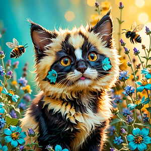 A captivating macro photograph captures a delightful bumblefuzz, featuring a tiny black kitten's head on a bee's body, its whiskers quivering with anticipation. The subject hovers above a lush bed of turquoise catnip flowers, amidst warm golden lighting that casts a soft glow. The furry texture and delicate petals are rendered in exquisite detail against a creamy yellow background, subtly blurred to emphasize the whimsical atmosphere.