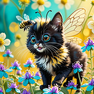 Exquisite macro photography closeup of an adorable caricature of a tiny bumble bee with the head of a black kitten, its whiskers twitching with excitement, buzzing over a bed of vibrant, turquoise-hued catnip flowers, entitled "A bumblefuzz, pollinating the catnip in my garden", showcasing a whimsical, dreamlike atmosphere, with soft, warm golden lighting, and intricate details of fur and petals, against a blurred, creamy yellow background, with a touch of subtle bokeh, emphasizing the playful, fantastical fusion of two beloved creatures.