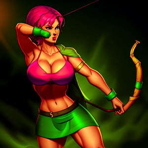 Create an image of an archer from Clash of Clans, featuring a hot pink bra and a green skirt. The archer should have a voluptuous figure with prominent big boobs. The scene is set in a dynamic combat stance, with the archer drawing back her bow, aiming forward. The lighting is dramatic, highlighting her curves and the vibrant colors of her attire. The composition focuses on her upper body, capturing the intensity of the moment.