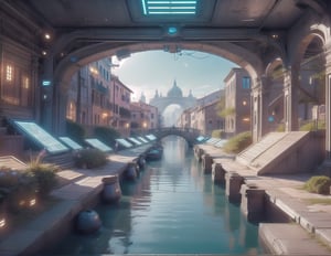 a view of a futuristic version of the canals in italy  with iconic architecture set in the future, with vibrant colors, without people, Futuristic future, adstech, inspirational, automation, robotic, peaceful