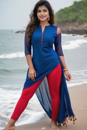curvy thick Indian young beautiful 18years Indian teen, slim body, nice curves, cotton fabric Indian blue kurti, indian kurti, cotton tight red leggings, outdoor, COOL WEATHER, standing near beach, seaside, photorealistic, lusty smile on face, flirting face, big boobs, five_fingers, infulencer, model ,