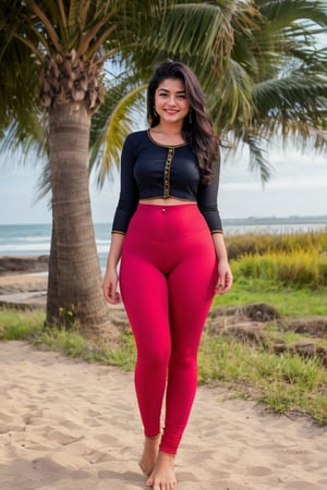 curvy thick Indian young beautiful 18years Indian teen, slim body, nice curves, cotton fabric Indian black kurti, indian kurti, cotton tight red leggings, outdoor, COOL WEATHER, standing near beach, showing tight leggings, seaside, photorealistic, lusty smile on face, flirting face, medium boobs, five_fingers, infulencer, model , full body picture