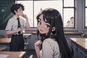 Two high school students, a girl sitting in the front seat and a boy sitting in the seat behind her. The girl has black, straight long hair and is turning her head to look at the boy with a hint of shyness and anticipation in her eyes, gazing directly at him. The boy has short, thick eyebrows and small eye,curly black hair and is looking back at her, appearing a bit surprised but happy. The scene is set in a classroom with soft sunlight streaming through the windows, creating a warm and romantic atmosphere. Both are wearing school uniforms, and the overall color tone of the image is warm, romance_mood, BREAK(Helltaker:1.2)