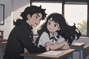 Two high school students, a girl sitting in the front seat and a boy sitting in the seat behind her. The girl has black, straight long hair and is turning her head to look at the boy with a hint of shyness and anticipation in her eyes, gazing directly at him. The boy has short, thick eyebrows and small eye,curly black hair and is looking back at her, appearing a bit surprised but happy. The scene is set in a classroom with soft sunlight streaming through the windows, creating a warm and romantic atmosphere. Both are wearing school uniforms, and the overall color tone of the image is warm, romance_mood, BREAK(Helltaker:1.2)