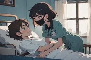 In a warm, softly lit hospital room without windows, a boy with short hair and bangs covering his eyebrows lies in a hospital bed, smiling. A girl with long, flowing brown curly hair, wearing a mask, stands beside his bed. Her eyes are filled with concern and love as she looks at him. 