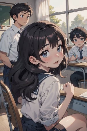 Two high school students, a girl sitting in the front seat and a boy sitting in the seat behind her. The girl has black, straight long hair and is turning her head to look at the boy with a hint of shyness and anticipation in her eyes, gazing directly at him. The boy has short, curly black hair and is looking back at her, appearing a bit surprised but happy. The scene is set in a classroom with soft sunlight streaming through the windows, creating a warm and romantic atmosphere. Both are wearing school uniforms, and the overall color tone of the image is warm, romance_mood.