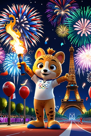 fanciful and playful atmosphere ,Fireworks ,Paris Olympic Games mascots come on the 2024 Paris Olympics game,mysterious,night,Paris Olympics game, the Olympic torch,more detail XL