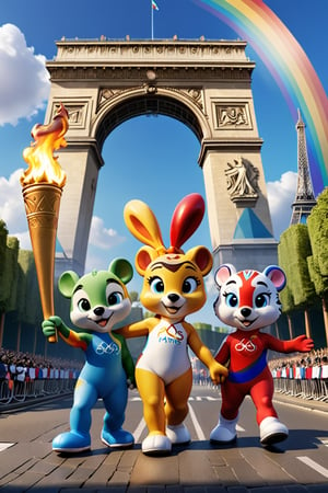 fanciful and playful atmosphere ,Paris Olympic Games mascots come on the 2024 Paris Olympics game, sky,Paris Olympics game,rainbow arch,standing with the Olympic torch,more detail XL