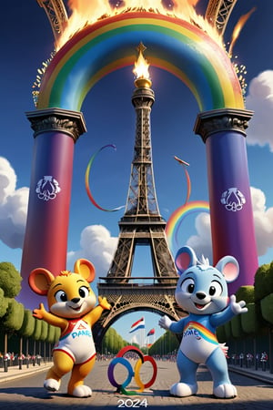 fanciful and playful atmosphere ,Paris Olympic Games mascots come on the 2024 Paris Olympics game, moon,star,Paris Olympics game,rainbow arch,standing with the Olympic torch,more detail XL