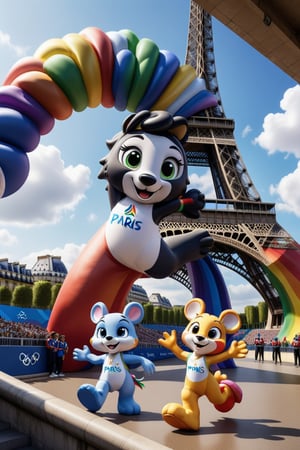 fanciful and playful atmosphere ,Paris Olympic Games mascots come on the 2024 Paris Olympics game, sky,Paris Olympics game,rainbow arch,