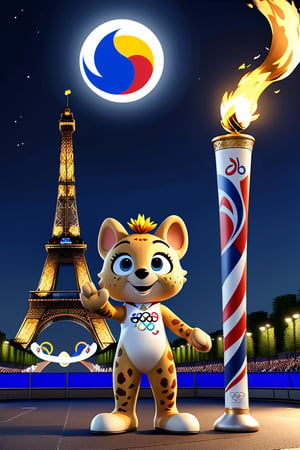 fanciful and playful atmosphere ,Paris Olympic Games mascots come on the 2024 Paris Olympics game, moon,night,Paris Olympics game,standing with the Olympic torch,more detail XL