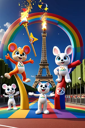 fanciful and playful atmosphere ,Paris Olympic Games mascots come on the 2024 Paris Olympics game, moon,star,Paris Olympics game,rainbow arch,standing with the Olympic torch,more detail XL