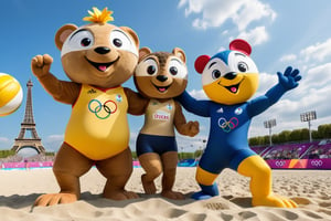 fanciful and playful atmosphere ,2024 Paris Olympic Games mascots beach volleyball competition at the Paris Olympics, sky,Paris Olympics game,