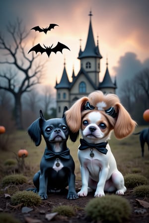 fanciful and playful atmosphere ,Dogs ,HALLOWEEN MAKEUPS, sky,pastel, dramatic lighting,Faeothic