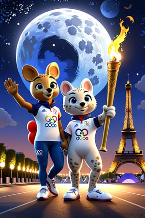 fanciful and playful atmosphere ,Paris Olympic Games mascots come on the 2024 Paris Olympics game, moon,mysterious,night,Paris Olympics game,standing with the Olympic torch,more detail XL