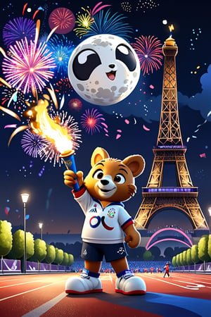 fanciful and playful atmosphere ,Fireworks ,Paris Olympic Games mascots come on the 2024 Paris Olympics game, moon,mysterious,night,Paris Olympics game, the Olympic torch,more detail XL