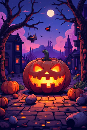 fanciful and playful atmosphere,PUMPKIN, sky,pastel, dramatic lighting, Halloween ,lightning,Cartoon