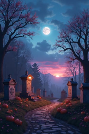 fanciful and playful atmosphere TOMBSTONES, sky,pastel, dramatic lighting, Halloween ,lightning