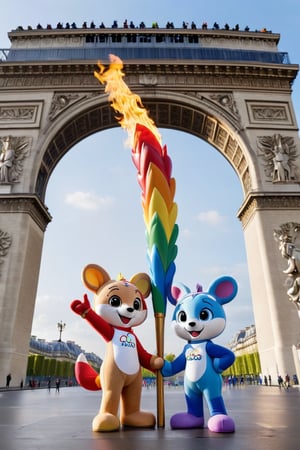 fanciful and playful atmosphere ,Paris Olympic Games mascots come on the 2024 Paris Olympics game, sky,Paris Olympics game,rainbow arch,standing with the Olympic torch