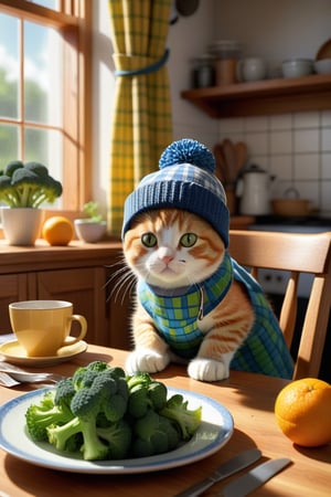 A realistic & detailed image, In a sunlit kitchen with yellow checkered curtains, a chubby orange kitten wearing a blue beanie sits at a wooden dining table, his paws crossed and a deep scowl on his face. In front of him is a white plate with a pile of untouched, bright green broccoli. His grey grandmother, wearing a floral apron,