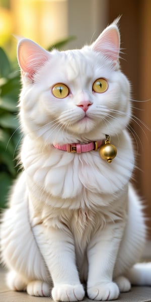 A close-up portrait of Mochi, a 5-year-old white cat with soft, cotton-like fur and a gentle gray stripe on her tail. She wears a pink collar with a small golden bell. Her round, bright yellow eyes are filled with a mix of love and worry. Her expression is gentle and caring, reflecting her personality as a devoted mother who always wants the best for her kittens. The background is a soft blur of warm colors, emphasizing her warmth and nurturing nature. Request a super detailed, 32k Ultra HDR image capturing the endearing charm of their expressions and movements. 