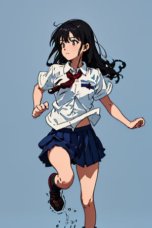 1girl, ((bgblue, simple_background, blue background)),  running, Full-Body Shot, from front,school uniform, short sleeve shirt, black hair, long hair,bgblue