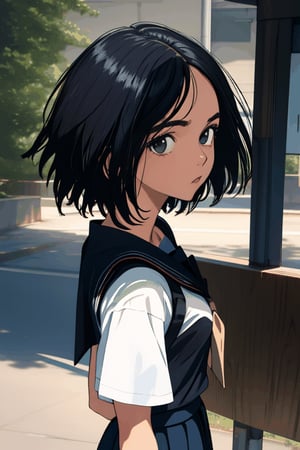 from front, portrait, look at viewer, a girl, short hair, black hair, school uniform, short sleeve shirt, dark blue skirt, The wind is shaking the girl's hair