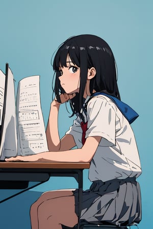 1girl, simple_background, blue background, look at viewer, sitting, studying at the desk, from side, cowboy shot, sad_face, school uniform, short sleeve shirt, black hair,