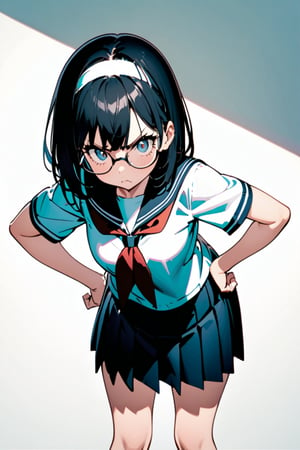 from front, cowboy shot, look at viewer, a girl, leaning forward, hands on hips, angry, blunt cut, black hair, school uniform, short sleeve shirt, dark blue skirt, glasses, hairband,scta