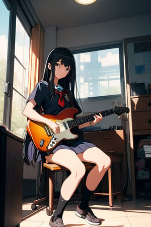 1girl, solo,cowboy shot, from below,look at viewer,school uniform, short sleeve shirt, electric guitar, Stratocaster guitar, holding plectrum, instrument, long hair,  black hair, playing guitar, room, sitting, chair,
