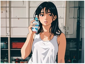 1girl, solo, looking at viewer, black hair, holding bottle, upper body, empty eyes ,thick lips, realistic,tank_top, 